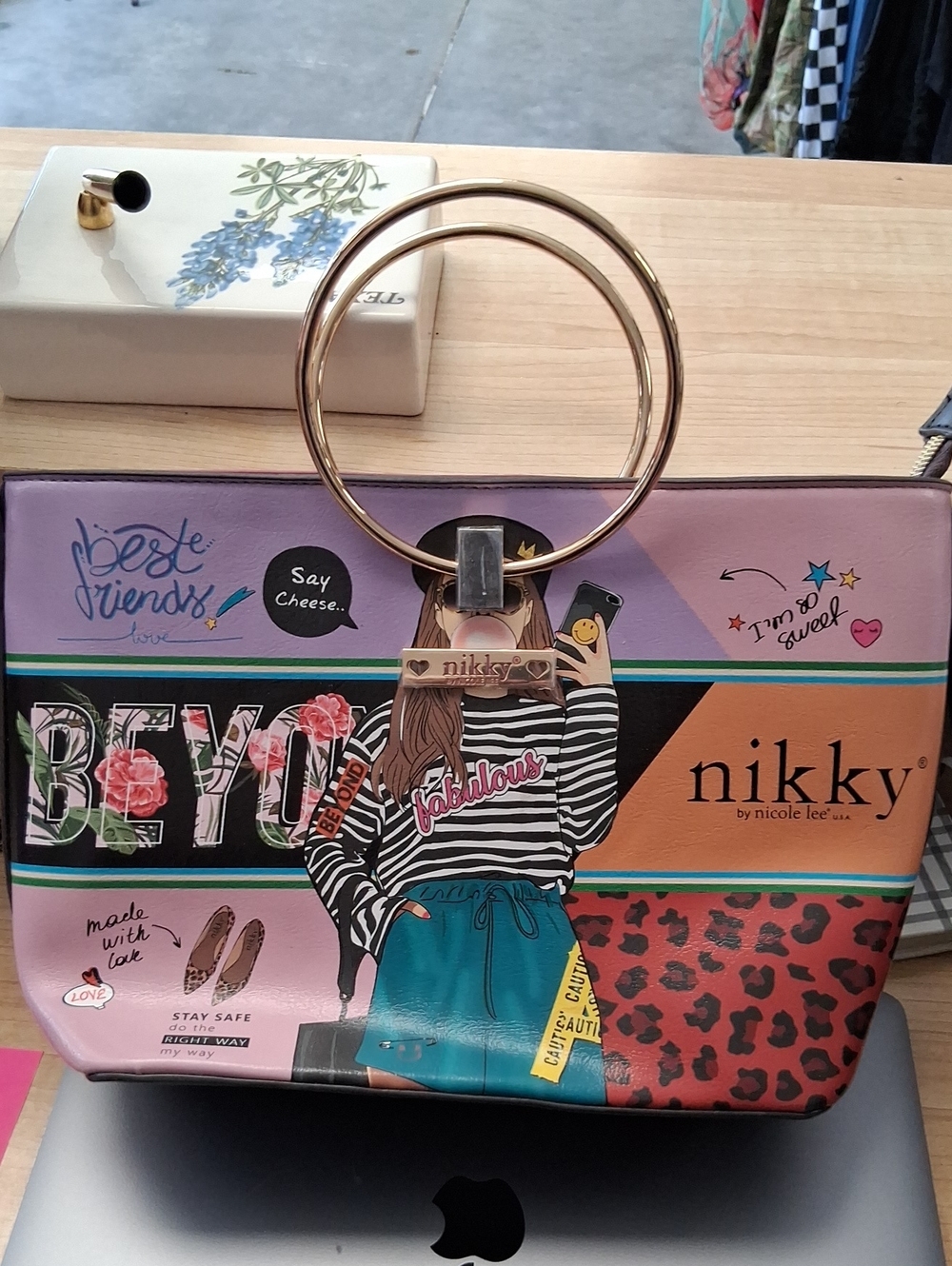 Nicole Lee Pink Multi Graphic Ring-Handle Mini Bag
